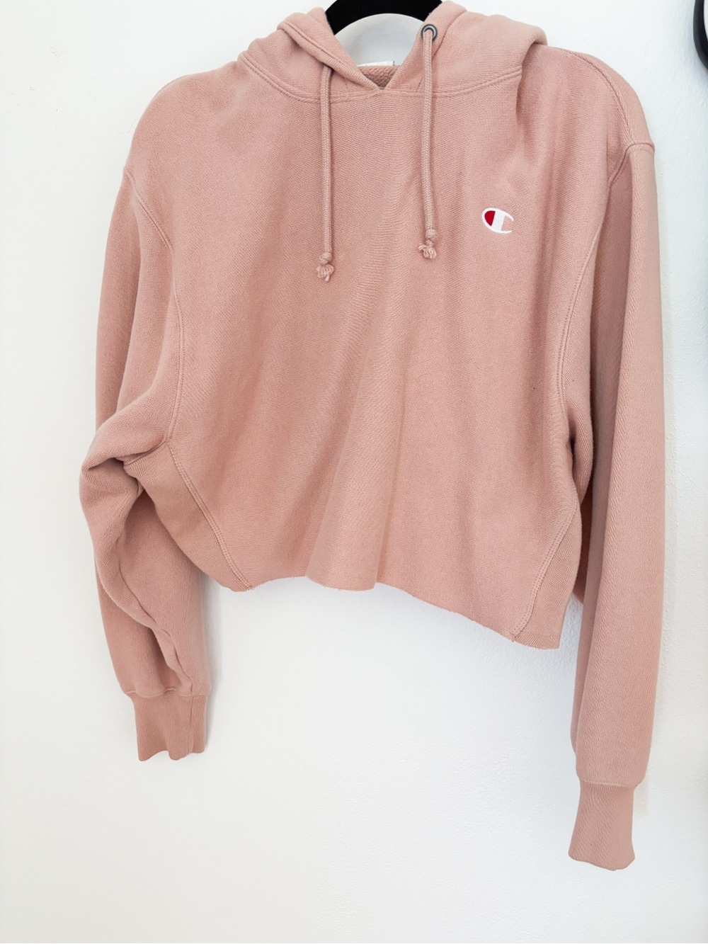 Champion Cropped Hoodie Sweatshirt with Embroidered Logo in Dusty Rose Size XL